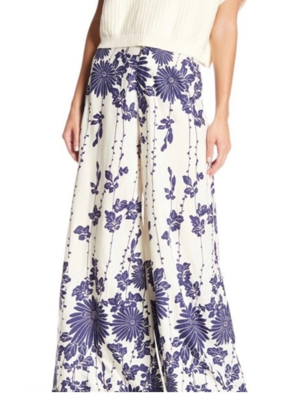Free People Floral Wide Leg Palazzo Pants Navy Botanical Stripe Rayon Boho SZ 10 - Picture 2 of 10